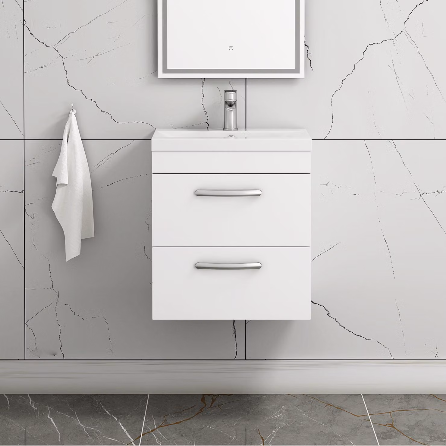 Royal Bathrooms Turin Wall Hung Gloss White 2 Drawer Vanity Unit with Mid-Edge Sink, Width: 50 cm