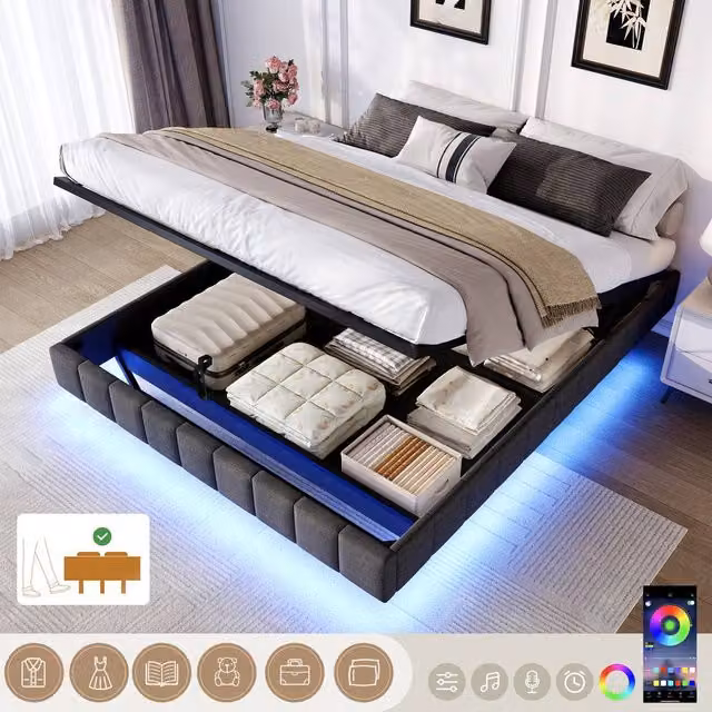 ModernLuxe Grey Upholstered Double Bed with Ottoman Storage and LED Under-Bed Lighting, W/D/H: 140 x 200 cm – 1