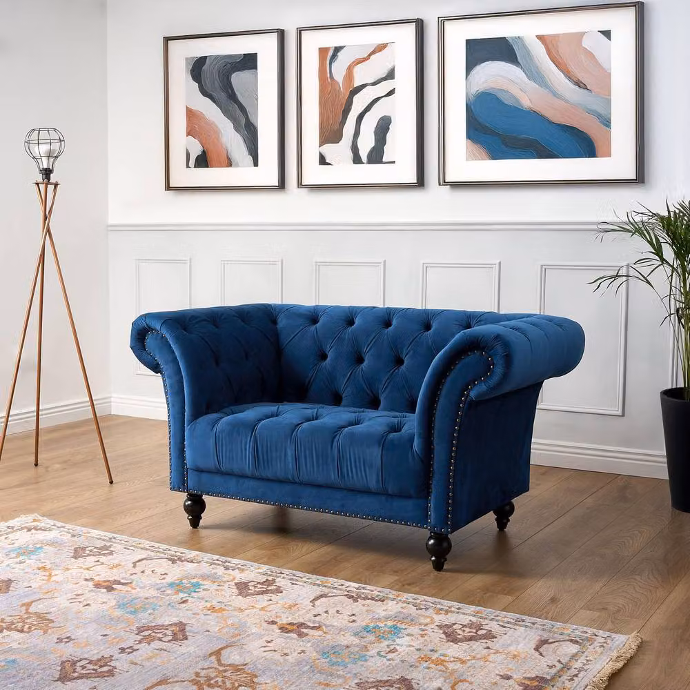 Bravich LTD Chesterfield 1 Seater Velvet Sofa in Blue with Buttoned Back and Rolled Arms – 5