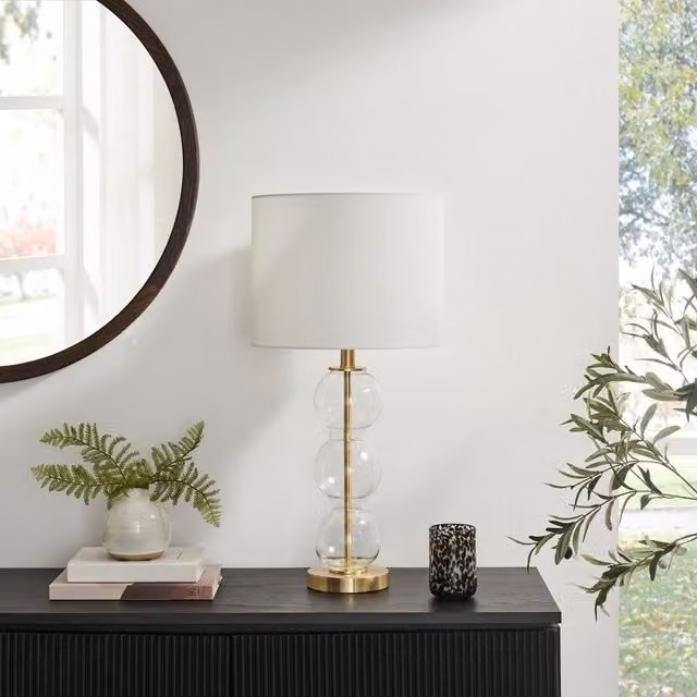 Furniturebox UK Misha Glass and Brass Bubble Stack Pillar Table Lamp in White and Gold/Brass
