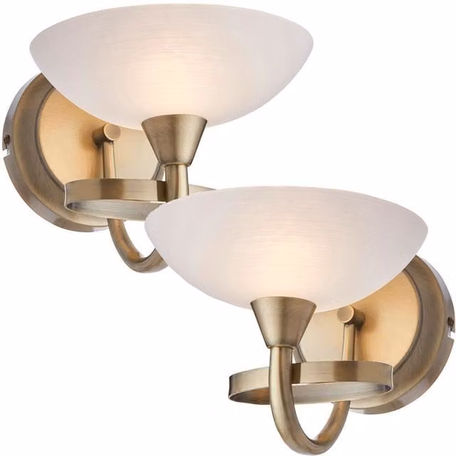 Loops Pack of 2 Dimmable LED Vintage Curved Wall Lights in Brass and White Lined Glass – 1