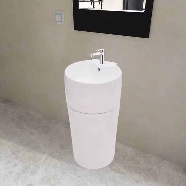 Berkfield Home White Round Ceramic Floor Standing Bathroom Sink Basin with Overflow – 1