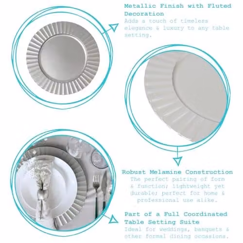 Argon Tableware Silver Melamine Flute Design Round Charger Plates, Pack of 6, Diameter: 33 cm – 3