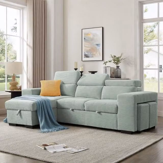 Home Detail Azalea L-Shape Sofa Bed with Reversible Chaise and Pull-Out Function in Pale Green, W/D/H: 245 x 156 x 77 cm