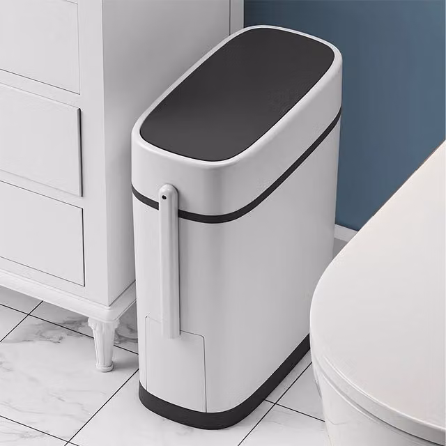 Lifeideas 2-in-1 Slim Freestanding Touch Bathroom Bin with Toilet Brush in White and Black