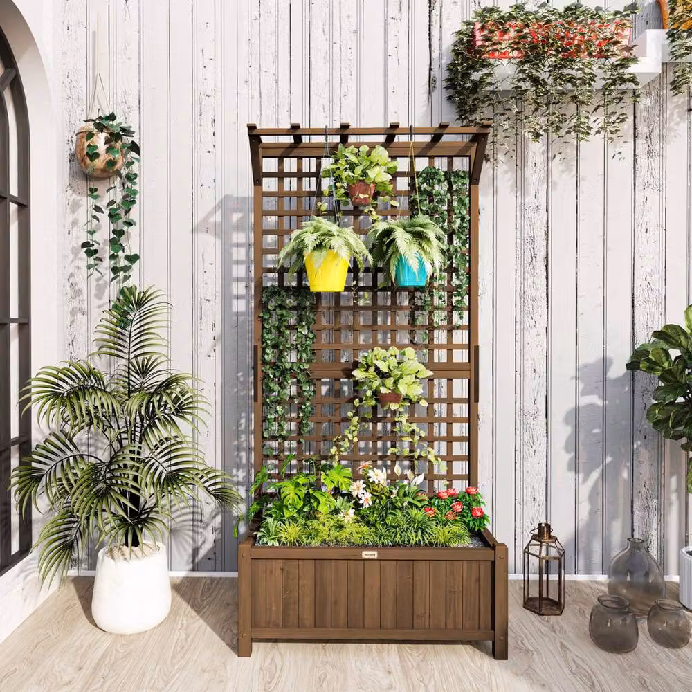 Kelvenix Brown Wooden Raised Bed Planter with Trellis for Climbing Plants, W/D/H: 183 x 90 x 45 cm – 3