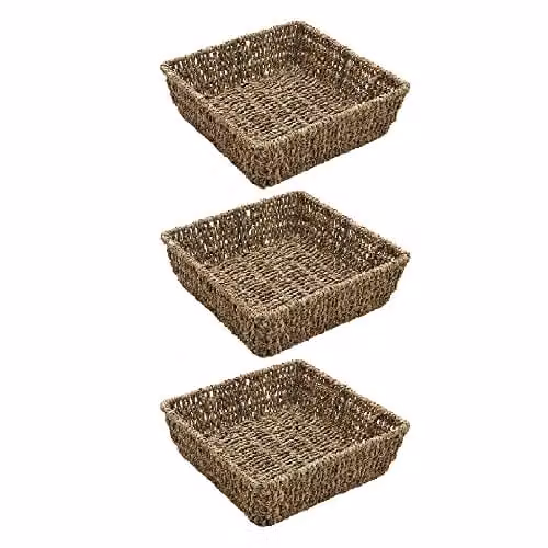 JVL Hand Woven Seagrass Square Storage Tray Set of 3 in Sand and Brown, H: 8 cm, W: 25 cm, D: 25 cm – 1