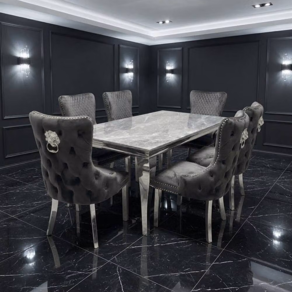 HOME LUXE INTERIOR Sofia Grey Marble Rectangular Dining Table and 6 Victoria Grey Silver Chairs – 3