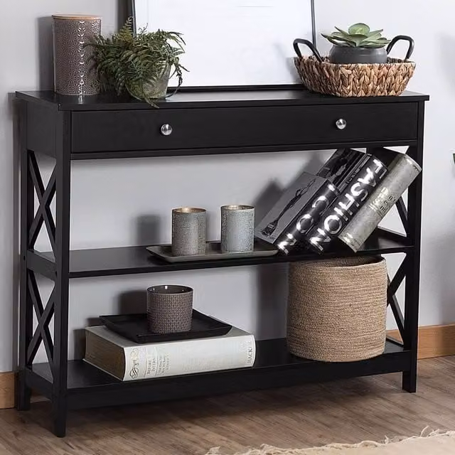 Wyld and Coco Black Lacquered Scandinavian Sideboard with 1 Drawer and 2 Shelves, W: 100 cm, D: 30 cm, H: 1 cm – 1