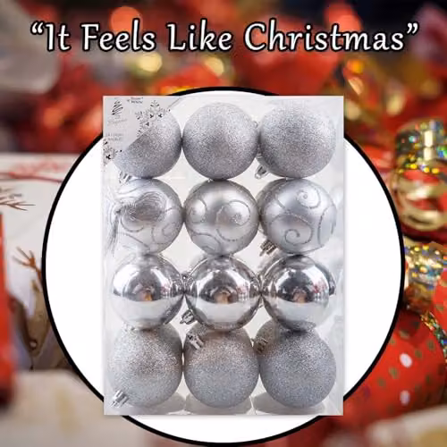VFM e-Store Silver Christmas Bauble Hanging Tree Ornaments, Pack of 24, Diameter: 6 cm – 7