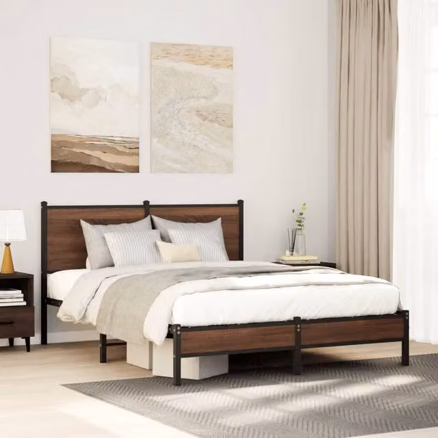 Berkfield Home Metal Bed Frame in Brown Oak, W: 137 cm, L: 190 cm