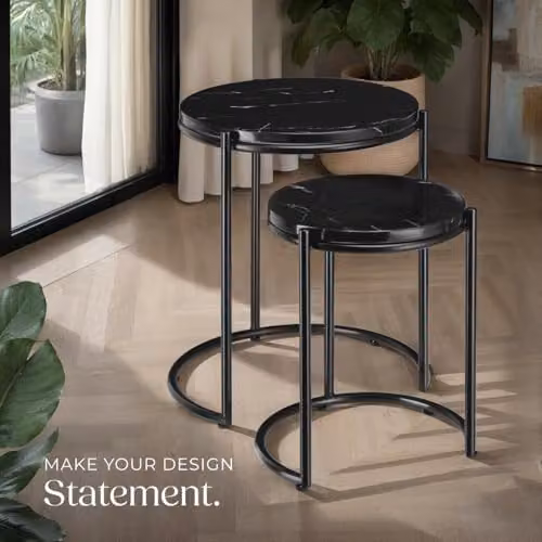 tectake Set of 2 Round Nesting Coffee Tables in Black Marble Look with Height-Adjustable Metal Frames – 2