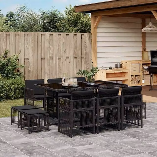 Berkfield Home 11 Piece Black Poly Rattan Garden Dining Set with Cushions and Glass Tabletop – 1