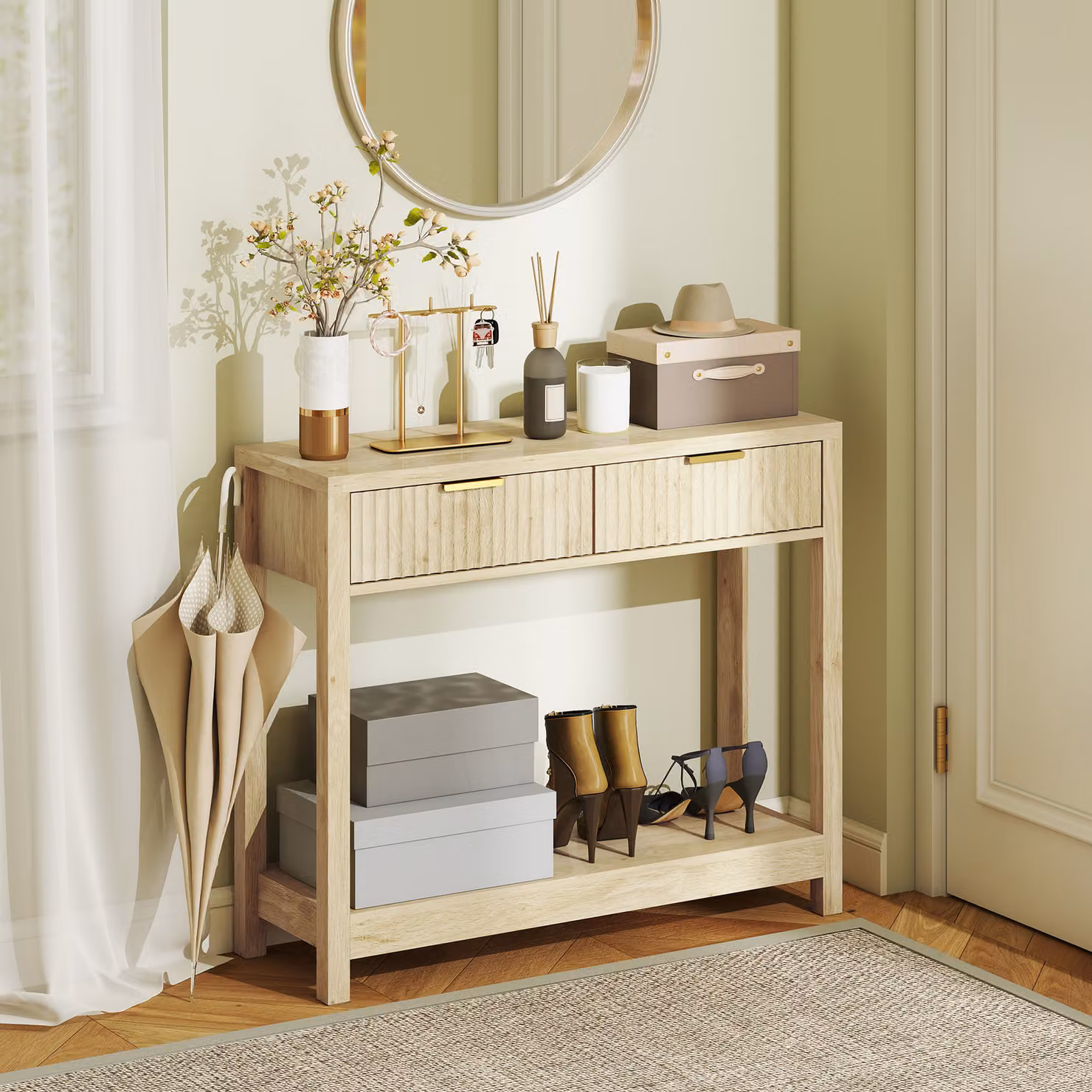 HOMCOM Modern Console Table with Fluted Panel Drawers and Shelf, Brown, W/D/H: 90 x 30 x 76 cm – 2