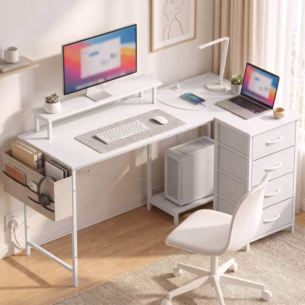 HOMCOM L Shaped Gaming Desk with Drawer Unit and Reversible Board, White – 2