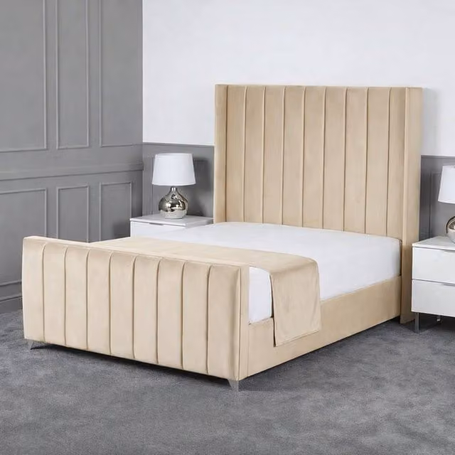 Living Comfort Bedz Imperial Winged Upholstered Bed with Slatted Base and 48 Inch Headboard, Beige, W/D/H: 140 x 200 cm