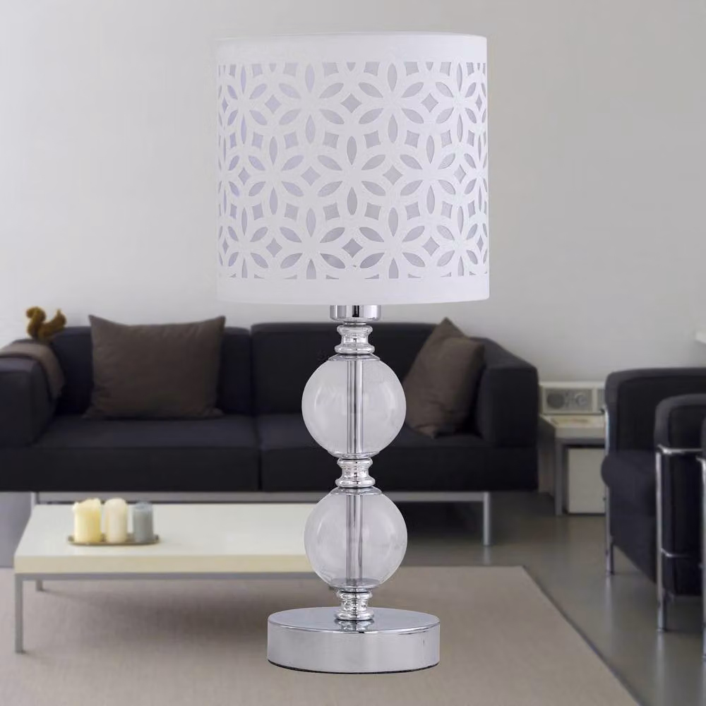 First Choice Lighting Chrome Two Ball Table Lamp with White Fabric Cut Out Shade in Silver – 2
