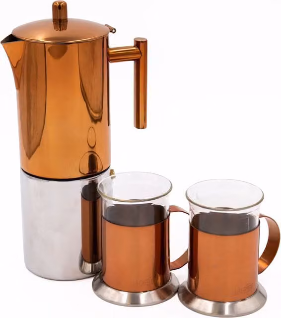La Cafetiere 3-Piece Espresso Set with 10-Cup Copper Coffee Maker and Two Mugs in Metallic Gold