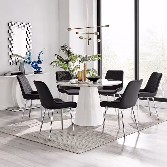 Furniturebox Palma White Marble Effect Round Dining Table and Pesaro Black Metal and MDF Chairs Set