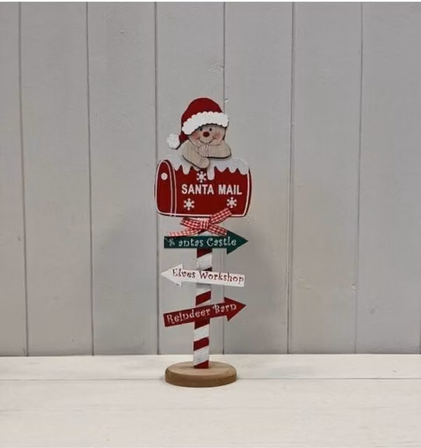 KDMD Wooden Santa Mail Signpost with Christmas Gingerbread in Multicolour and Red