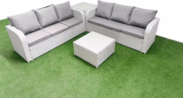 Fimous 6 Seater Wicker Rattan Garden Furniture Set in Light Grey with High Back Lounge Sofa, Side Table and Square Coffee Table