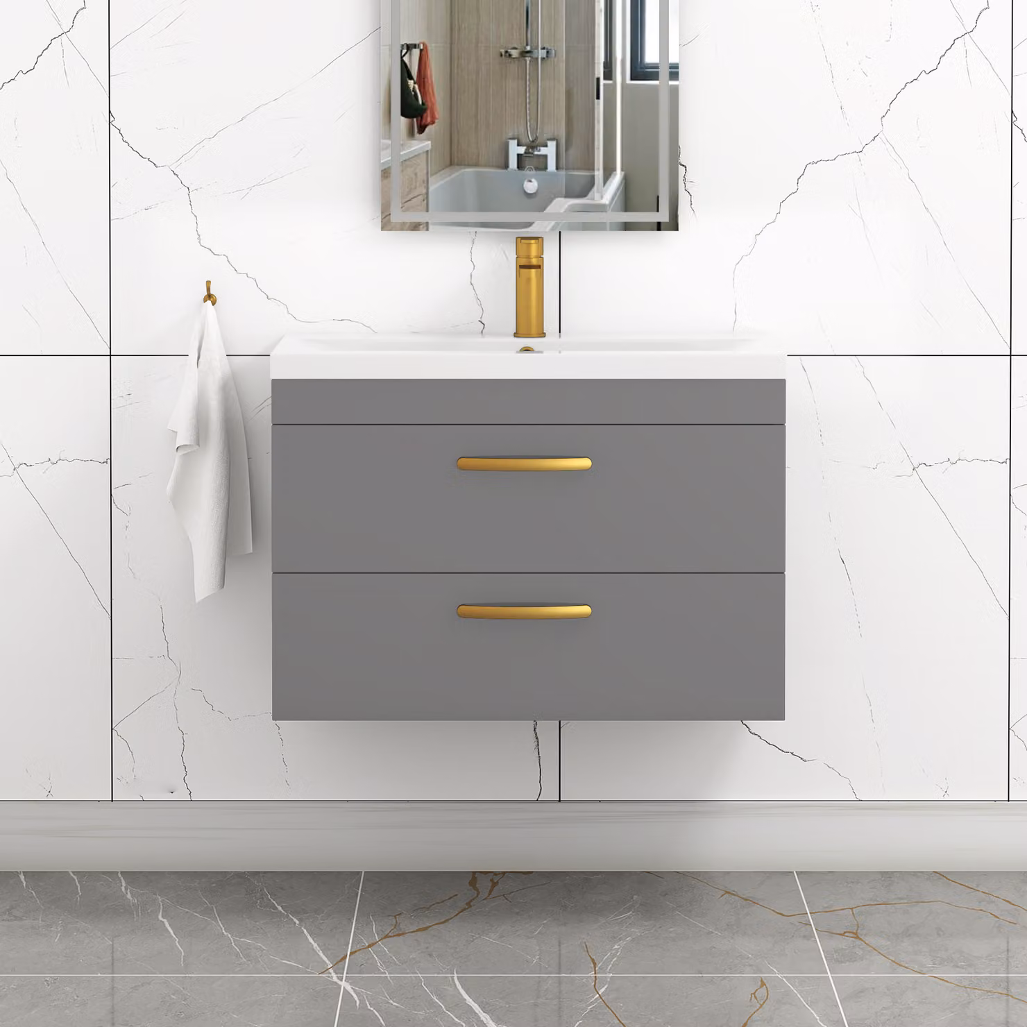 Royal Bathrooms Turin 800mm Wall Hung Vanity Unit in Indigo Grey Gloss with 2 Drawers and Brushed Brass Handles