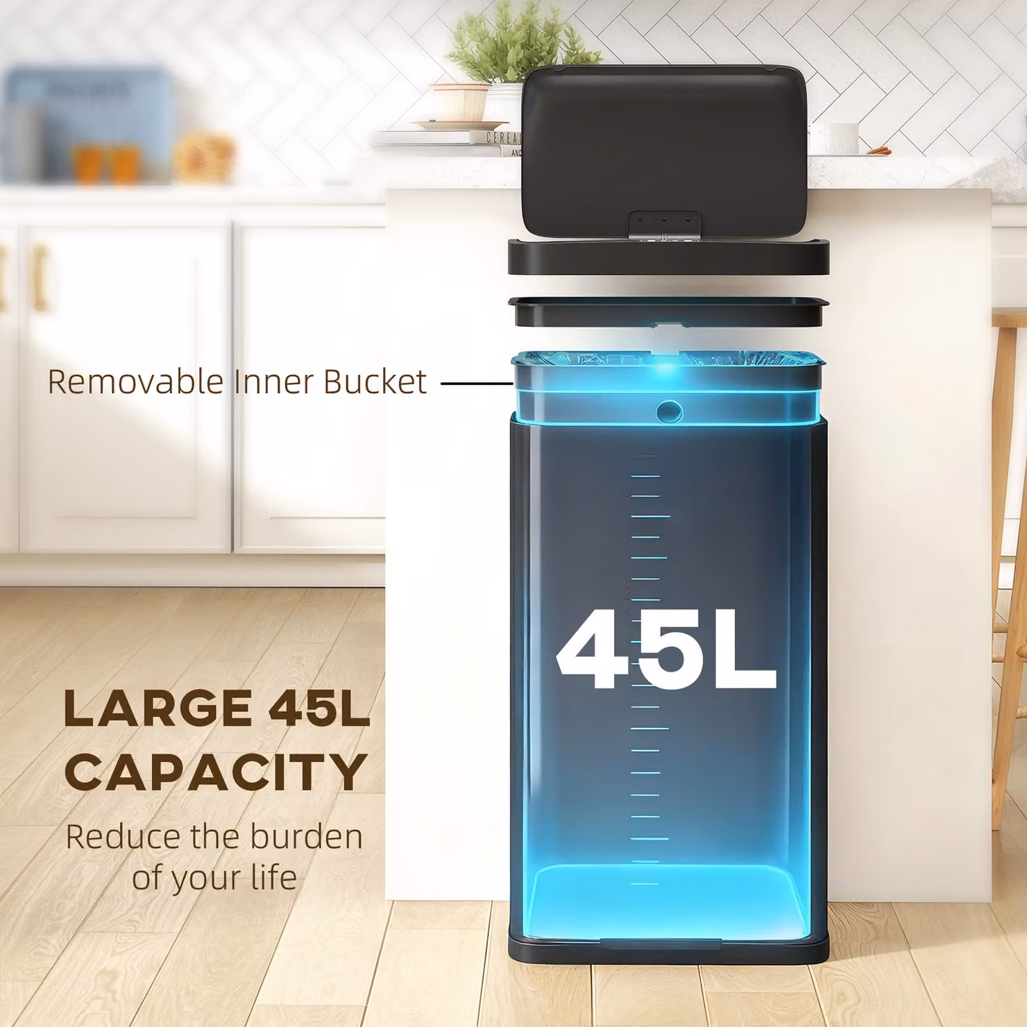HOMCOM 45L Sensor Kitchen Bin in Black with Soft-Close Lid and Removable Inner Bucket – 4
