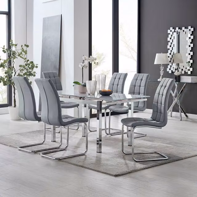 Furniturebox Enna White Glossy Glass Extending Rectangular Dining Table and 6 Murano Grey Chairs