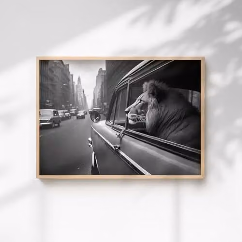 60 Second Makeover Lion In A Car Paper Poster, Multicolour, W: 21.0 cm, H: 29.7 cm