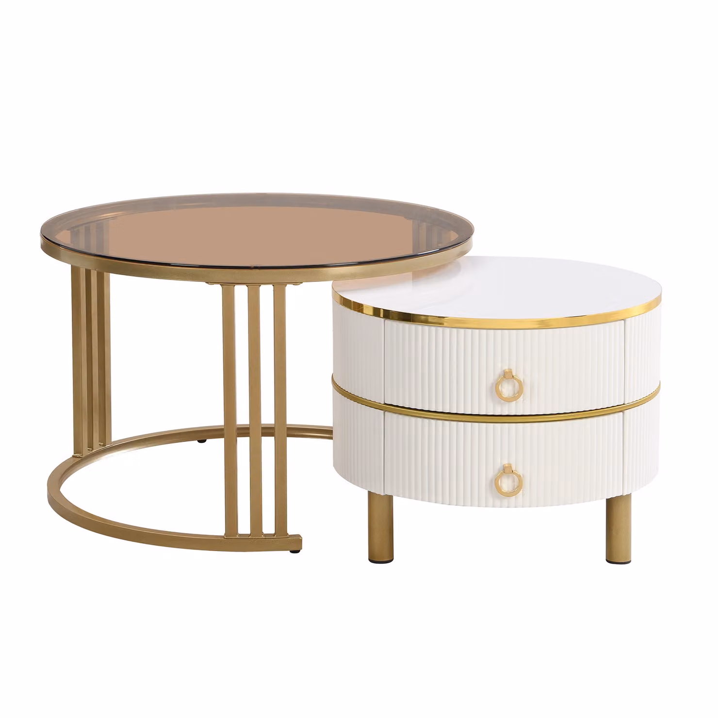 Aosom UK Set of 2 Round Nest of Tables with High-Gloss Tempered Glass Tops in Brown and White – 2