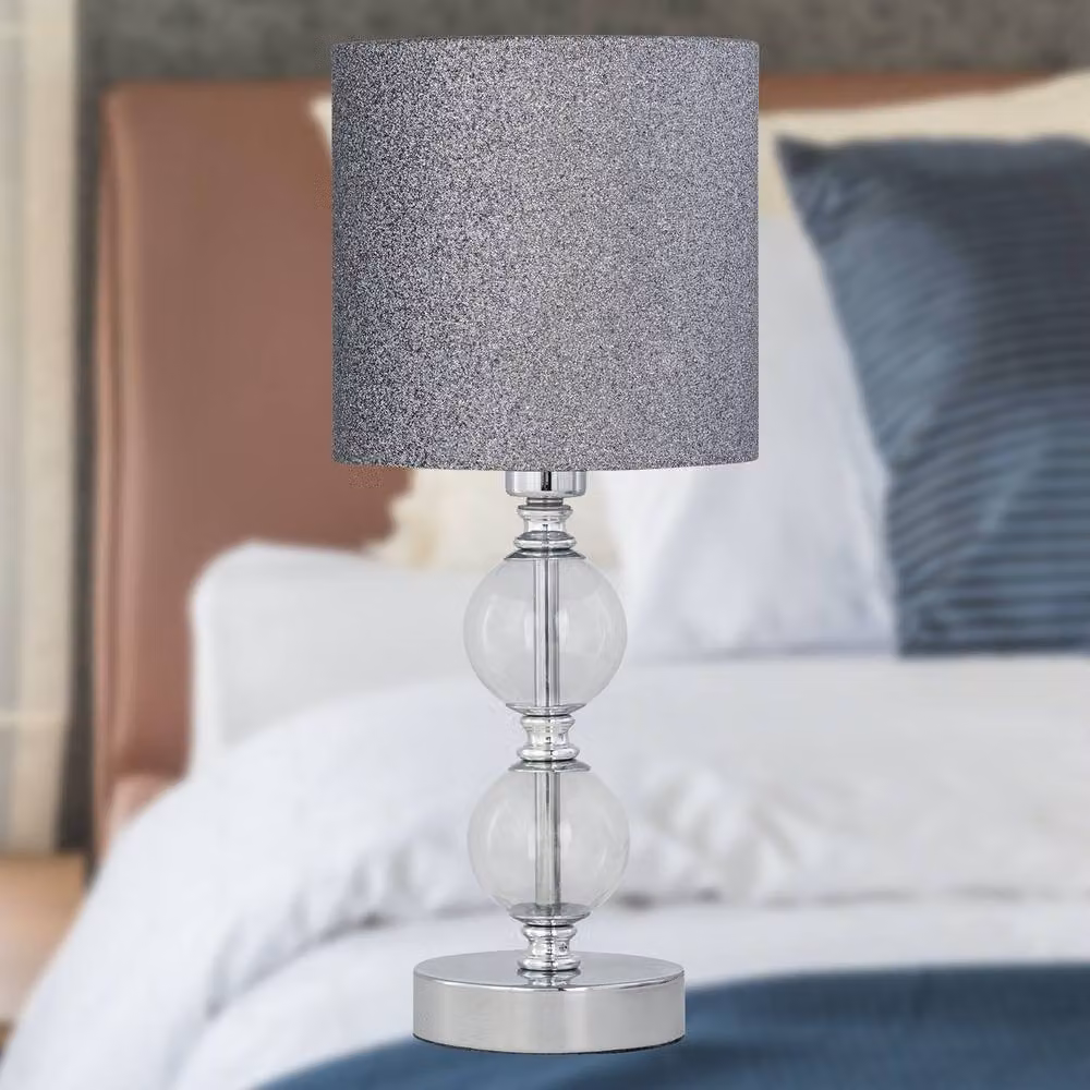 First Choice Lighting Set of 2 Chrome Two Ball Table Lamps with Silver Glitter Fabric Shades – 4