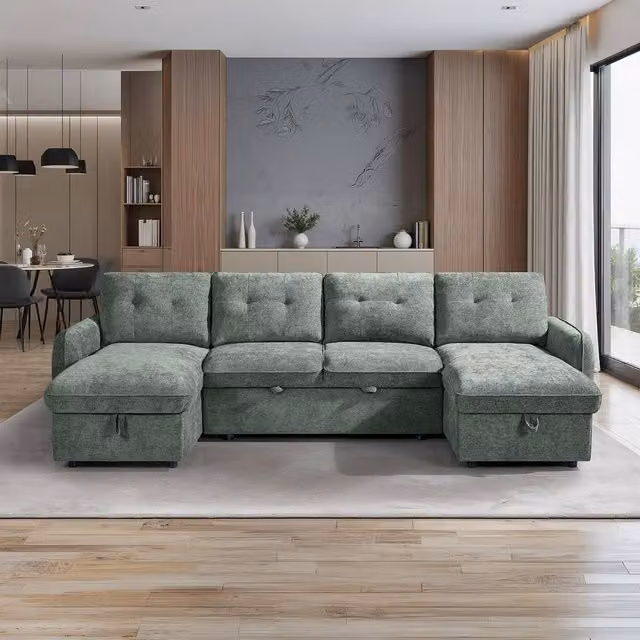 Furnishings For Less UK Seattle U-Shaped 5 Seater Fabric Corner Sofa Bed in Green