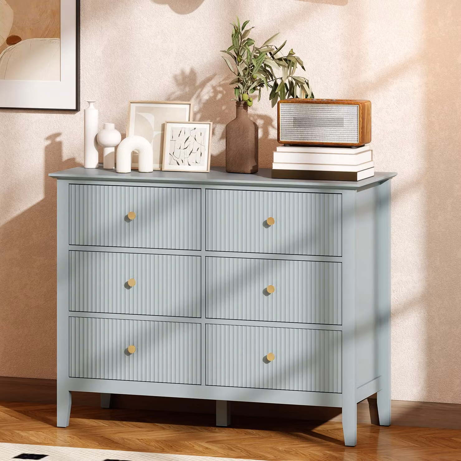 HOMCOM Fluted 6 Drawer Chest of Drawers in Green with Gold Accents – 2
