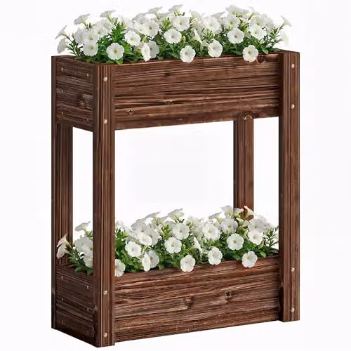 Outsunny 2-Tier Brown Wooden Raised Planter Garden Bed W/D/H: 60 x 25 x 70 cm – 1