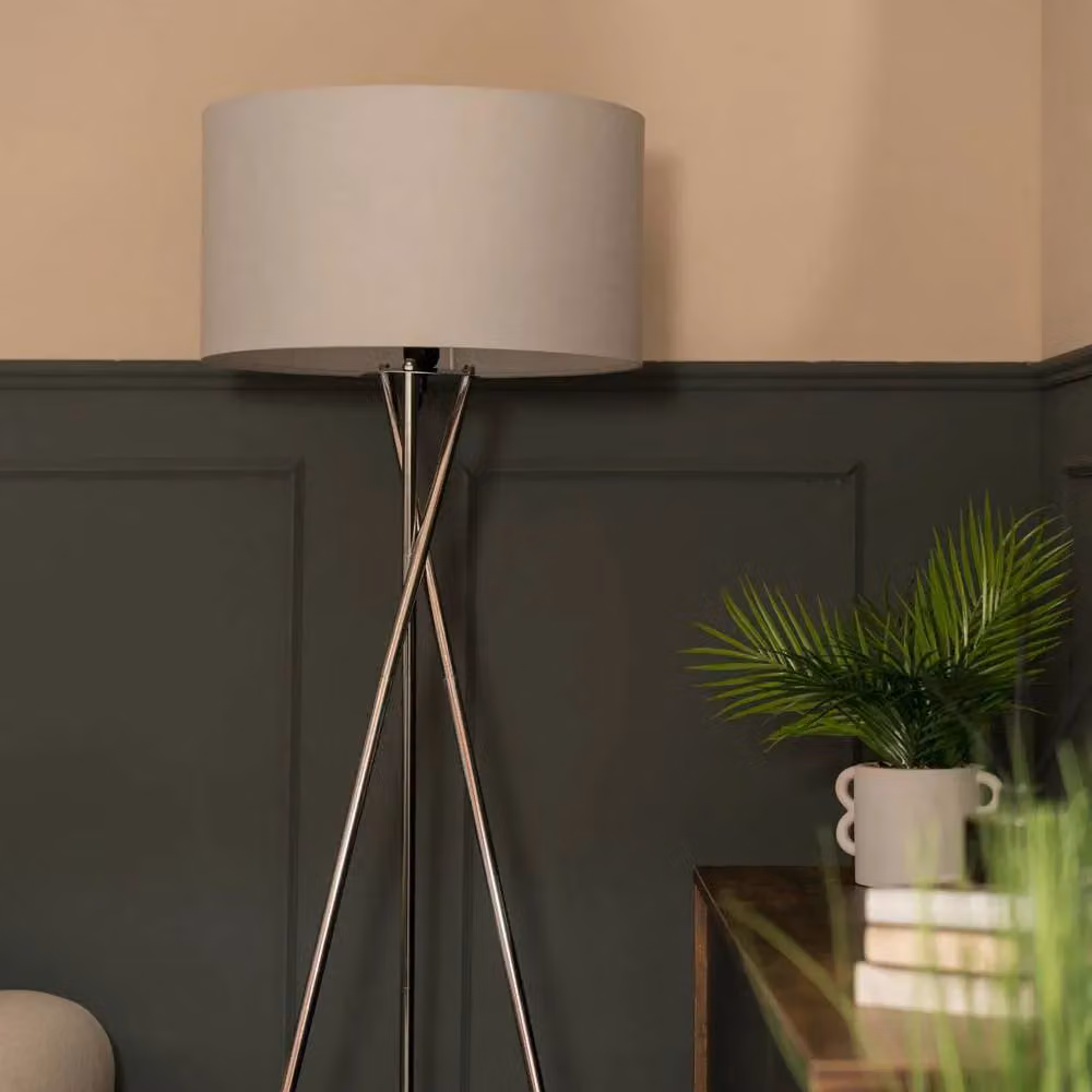 ValueLights Camden Tripod Floor Lamp in Brushed Chrome with Grey Fabric Drum Shade – 3