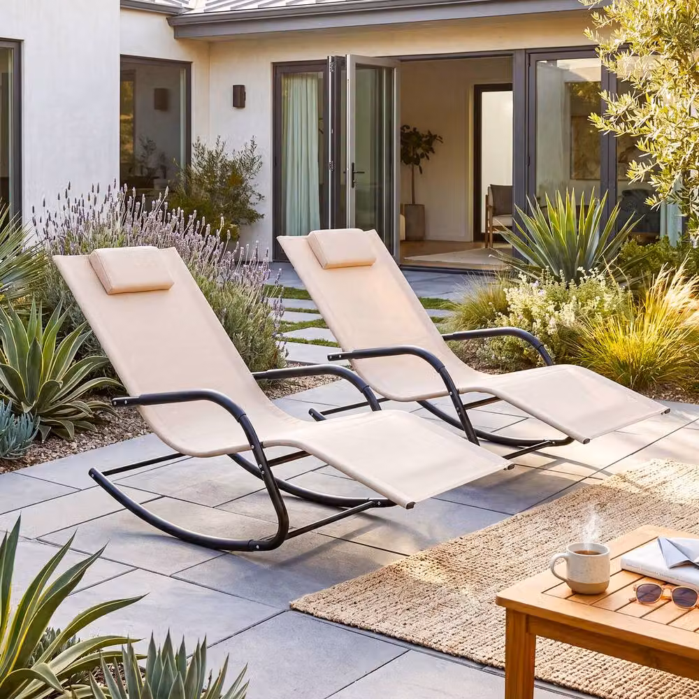 Costway Beige Patio Rocking Lounge Chair with Adjustable Headrest and Armrests – 6