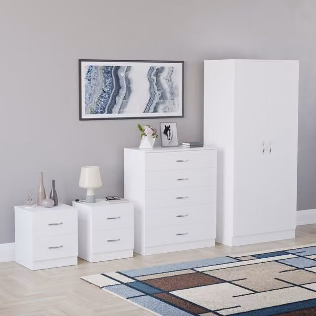 Vida Designs Riano 4 Piece Modern White Bedroom Set including 2 Drawer Bedside Chests, 5 Drawer Chest and 2 Door Wardrobe