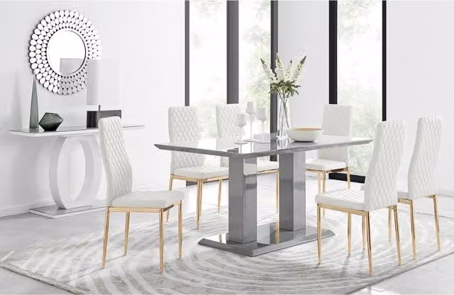 FurnitureboxUK Imperia Grey High Gloss Rectangular Dining Table with 6 Milan Chairs in White and Gold W/D/H: 150 x 90 x 75 cm