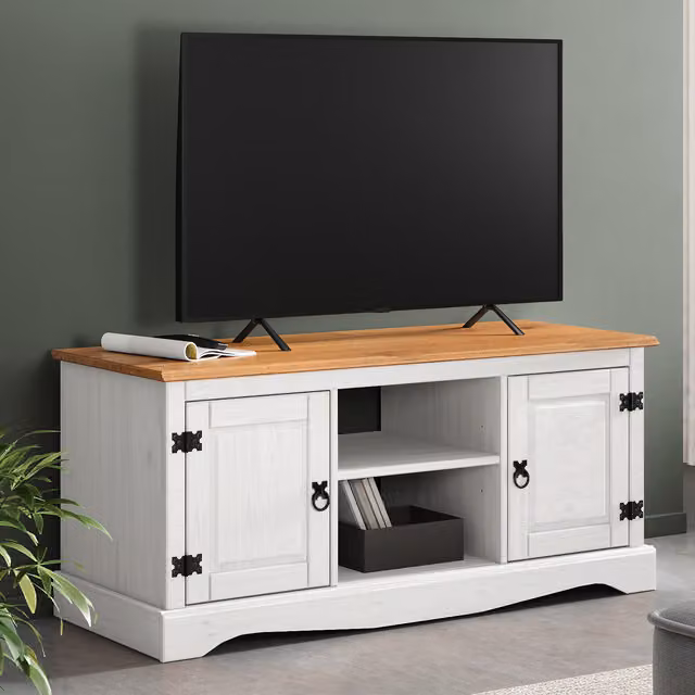 Mercers Furniture Corona 2 Door Solid Wood Pine Media TV Unit in Distressed White and Grey, W: 115 cm, D: 40 cm, H: 52 cm
