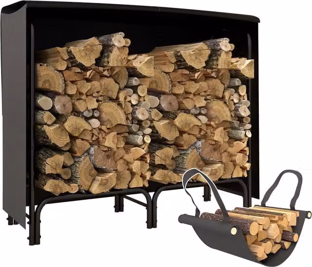 Outsunny 4ft Firewood Rack Holder with Canvas Carrier and Oxford Cover, Black