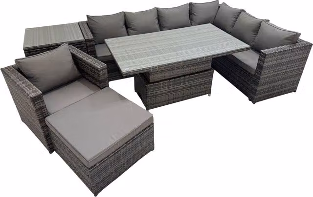 Fimous 8-Seater PE Rattan Corner Sofa Set with Adjustable Rising Table and Ottoman in Dark Grey