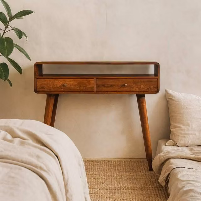 Wyld Haus Ostuni Curved Mango Wood Console Table in Brown with 2 Drawers and Open Shelf