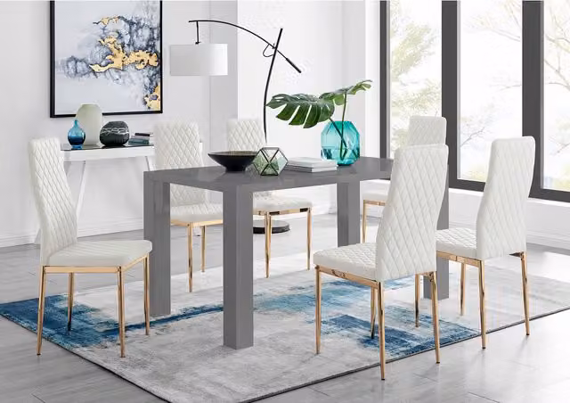 FurnitureboxUK Pivero White Glossy Rectangular Dining Table with 6 Grey Faux Leather Milan Chairs and Gold Legs