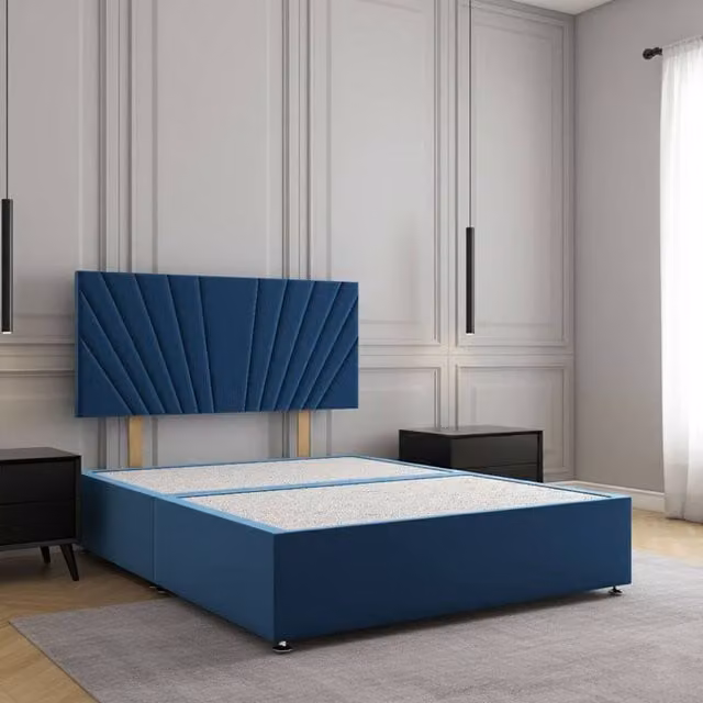 Regional Furnishings Single Plush Velvet Divan Bed Base with 24 inch Headboard in Blue, W/D/H: 90 x 200 x 30.48 cm