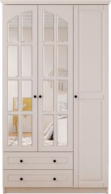 EVUHOME Modern White 3 Door 2 Drawer Wardrobe with Mirrors, H 184 x W 105 x D 52 cm