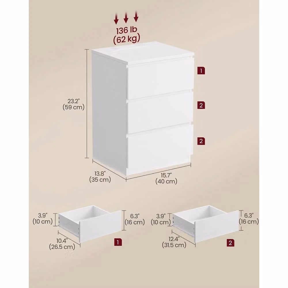 EONLION White Bedside Table with Charging Station and Media Compartments – 2