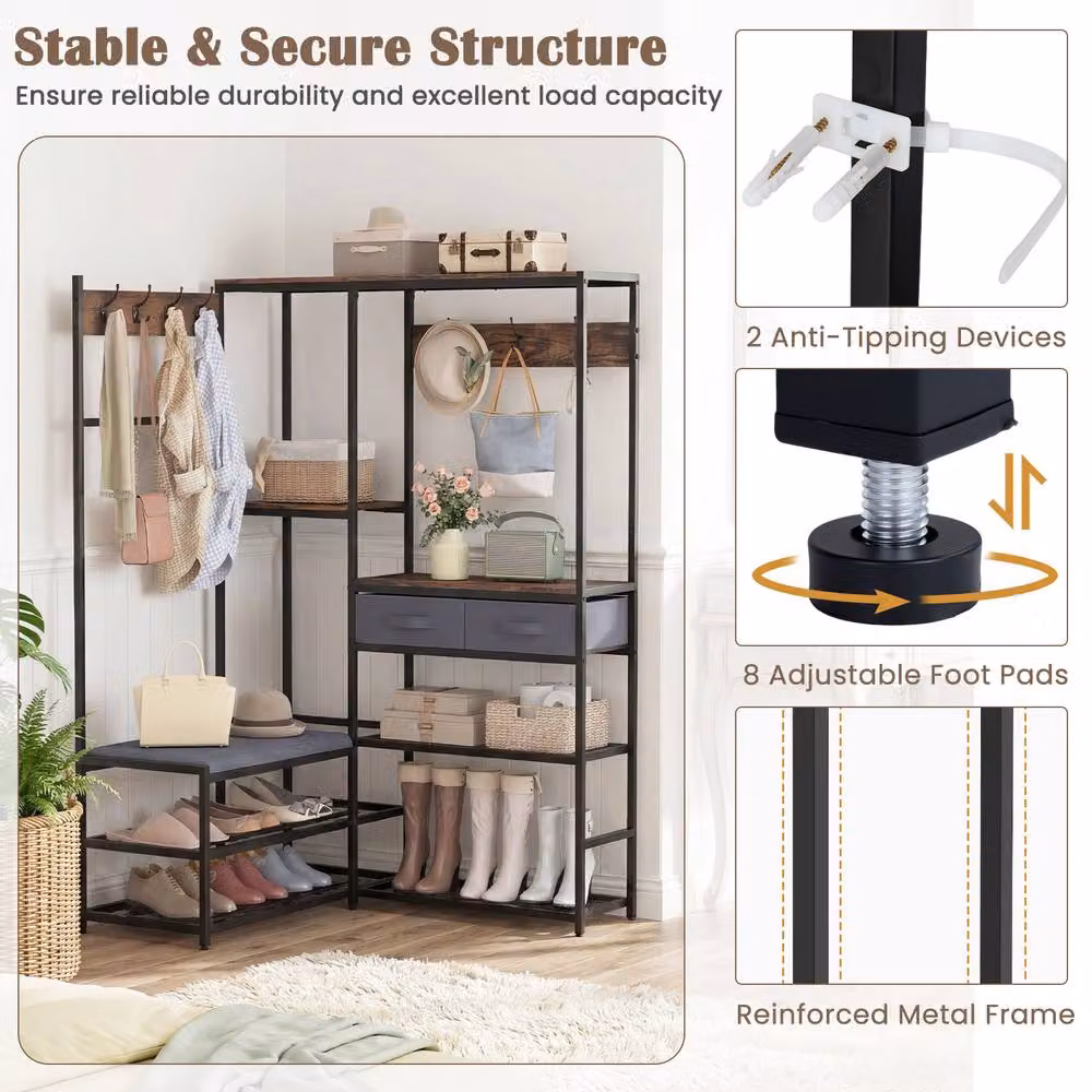 Gymax L-Shaped Corner Coat Rack with Shoe Bench and Hall Tree in Brown – 6