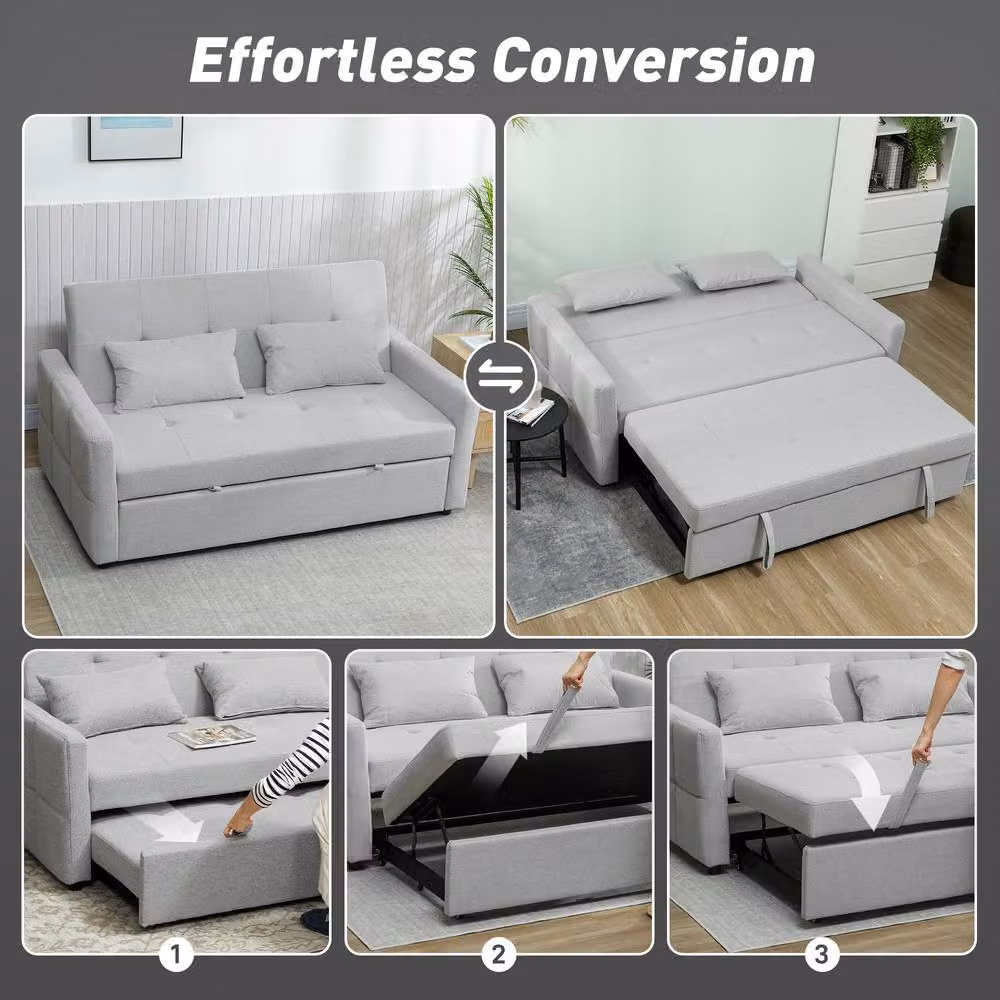STILVORA Grey Two-Seater Click-Clack Sofa Bed with Linen Upholstery and Pull-Out Design – 3