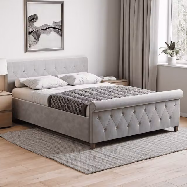Vida Designs Vittorio Upholstered Fabric Bed Frame in Grey Velvet, 180 x 200 cm