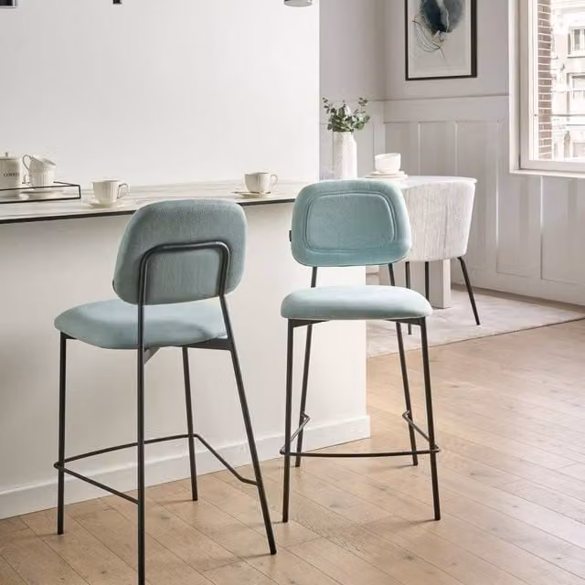 Wyld and Coco Set of 3 Counter Height Bar Chairs in Light Blue Velvet with Black Metal Legs – 1